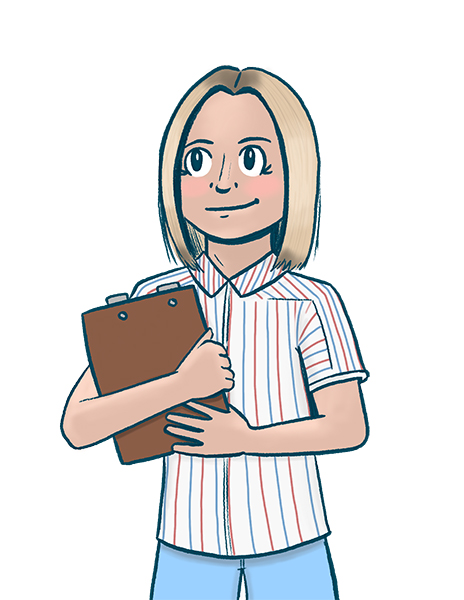 Illustrated drawing of the grinning blonde protagonist of The Good Place clutching a clipboard close to her red, white, and blue blouse.