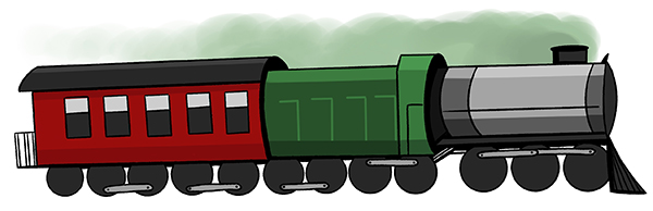 Illustrated freight train with a green engine and a red train cars behind it.