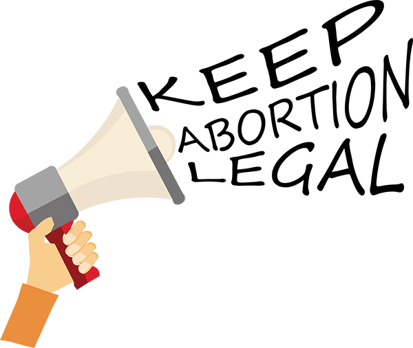 Animated hand holding a megaphone spewing the phrase "Keep Abortion Legal"