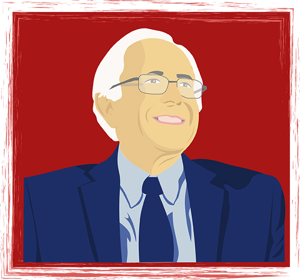 A computer animated Bernie Sanders in front of a dark red background, he is facing left and smiling at what he sees.