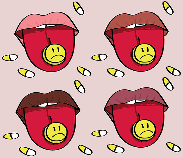illustration by May Walker of four mouths of different people and likely different racial backgrounds with their tongues out with circular pills that look like sad faces against a peach background with small pills floating around.