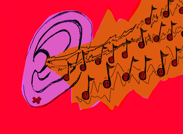 A funky purple ear drawn on top of a red background. Flooding inside the ear are several musical notes and sound waves together in an orange cloud of sound.