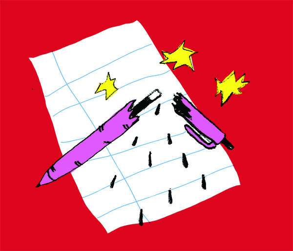 Illustration of a just-broken purple ink pen dripping ink onto a piece of white lined paper. Yellow "sparks" depict the unpleasant noise the pen makes.