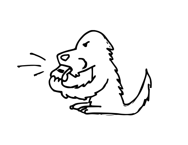 Black line drawing of an agitated dog sitting and blowing a whistle.