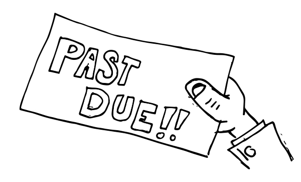 A black line drawing of a hand holding a bill that says, "Past Due!!!"