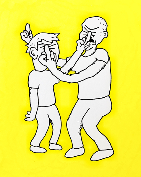 illustration by Josh Gates of two people flipping each other off very aggressively but drawn in a silly way against a yellow background.