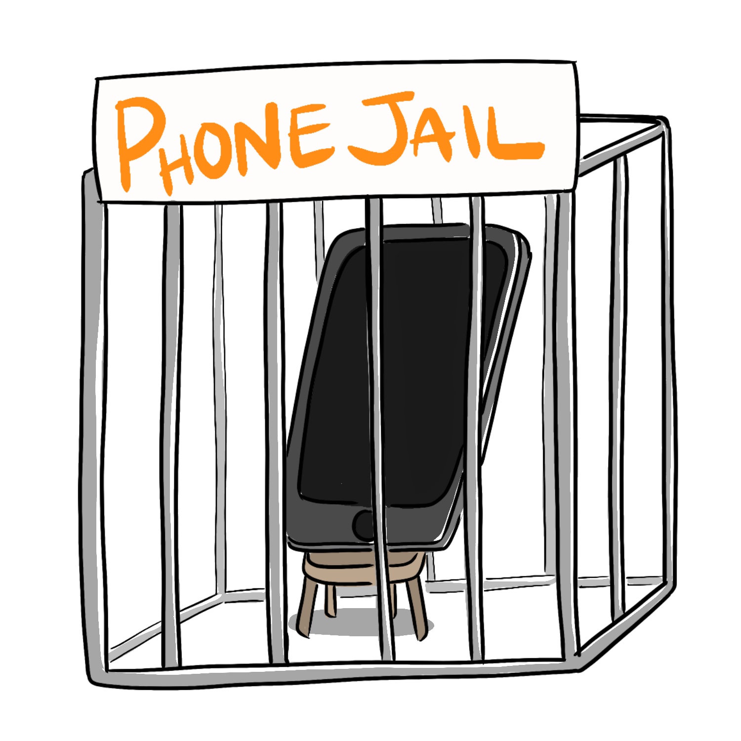 illustration of a smartphone inside of a tiny jail cage. It says Phone Jail across the top of the cage.