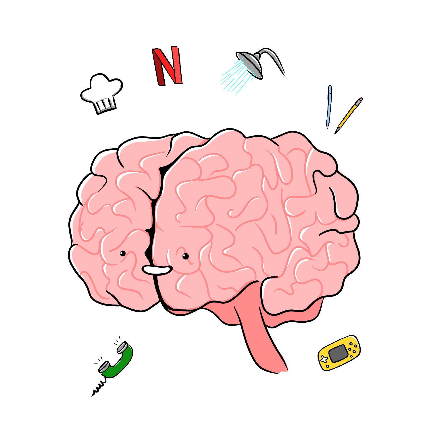 An illustrated pink brain with tasks (such as a telephone, a radio, a shower head, a chef's hat, a pen and pencil, a red Netflix N, and a Nintendo Switch) all floating around the brain.