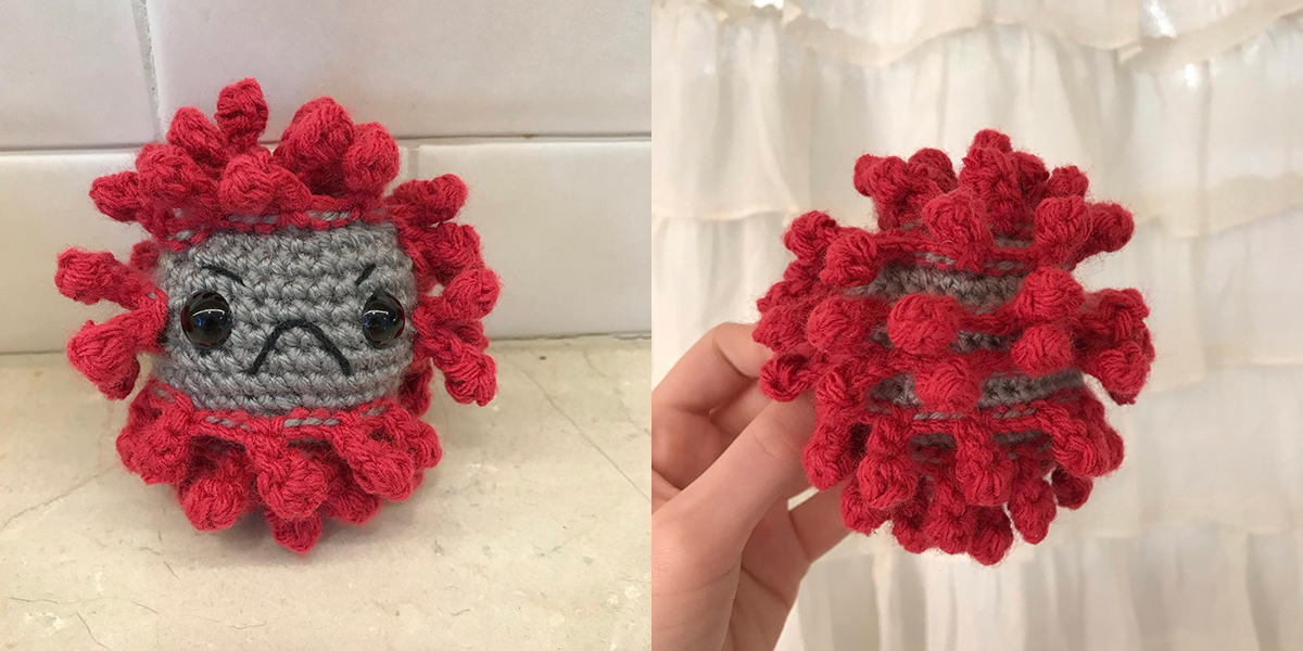 Side by side photograph of the finished virus as well as a hand holding up the crocheted virus, showing us the back side of the project, red spikes.
