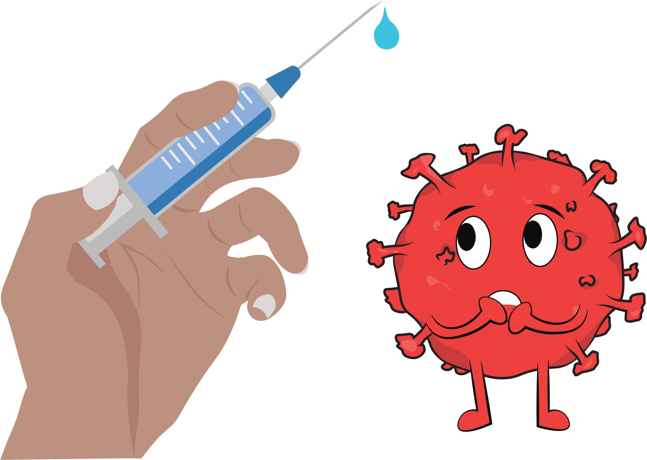Digital illustration of a human hand grasping a leaking syringe. Next to it is a frightened red virus molecule.