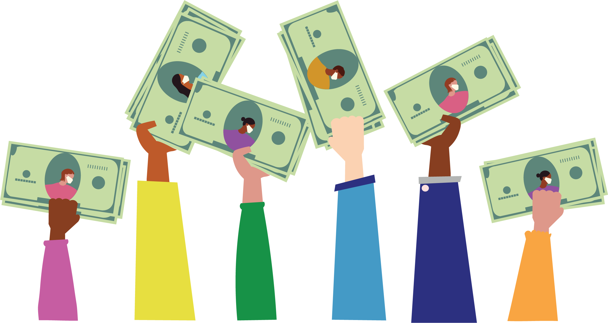 Digital illustration of 6 arms of different people each clutching their green money in their hands. On the money are people of different races wearing surgical masks.