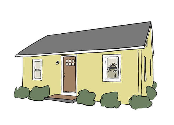 illustration of a yellow single family home with a  brown door, inside a bored person seems to be peering out of the window.