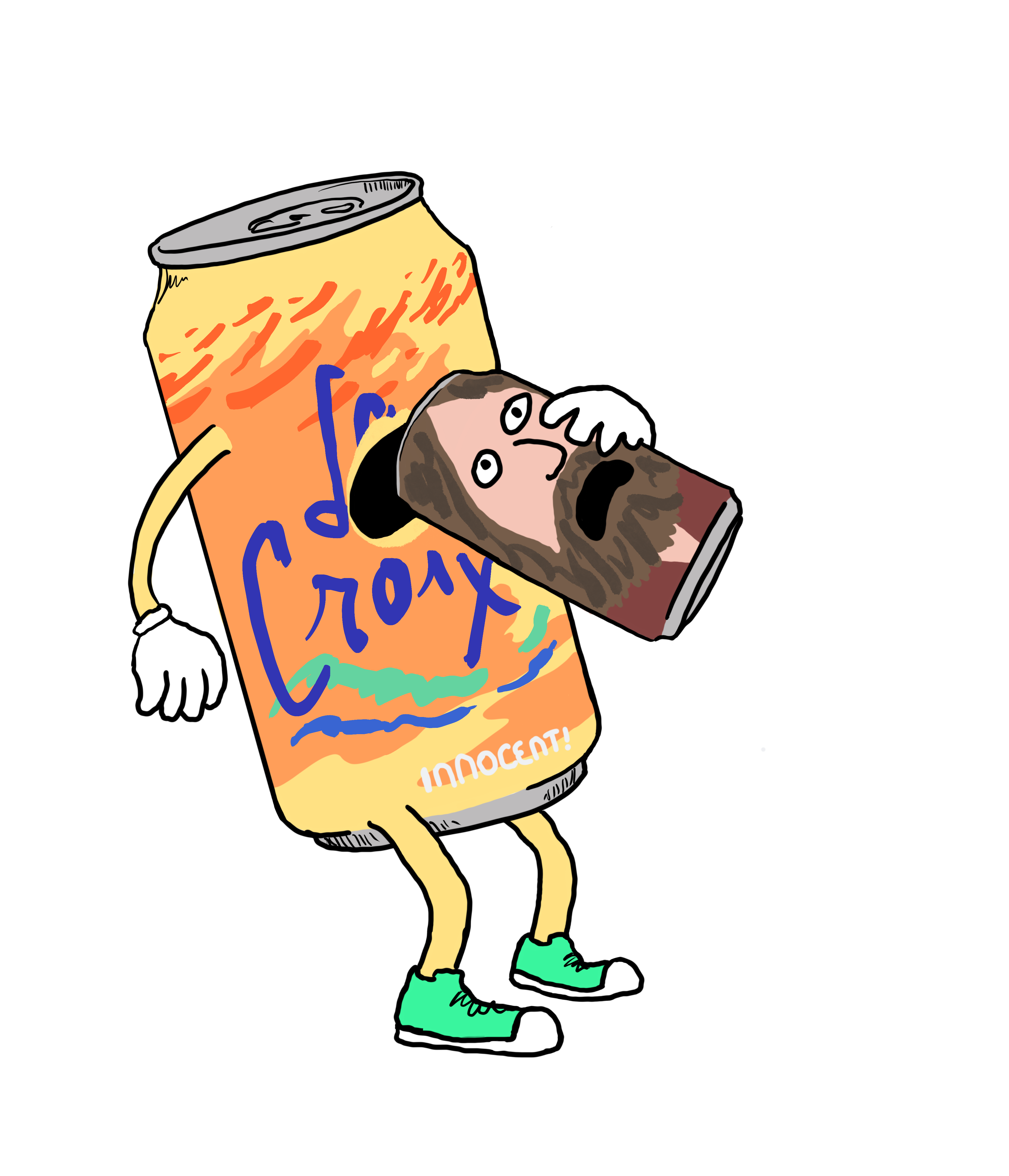 cartoon illustration of a orange La Croix drinking from a can of our executive editor, Jake Johnson!!