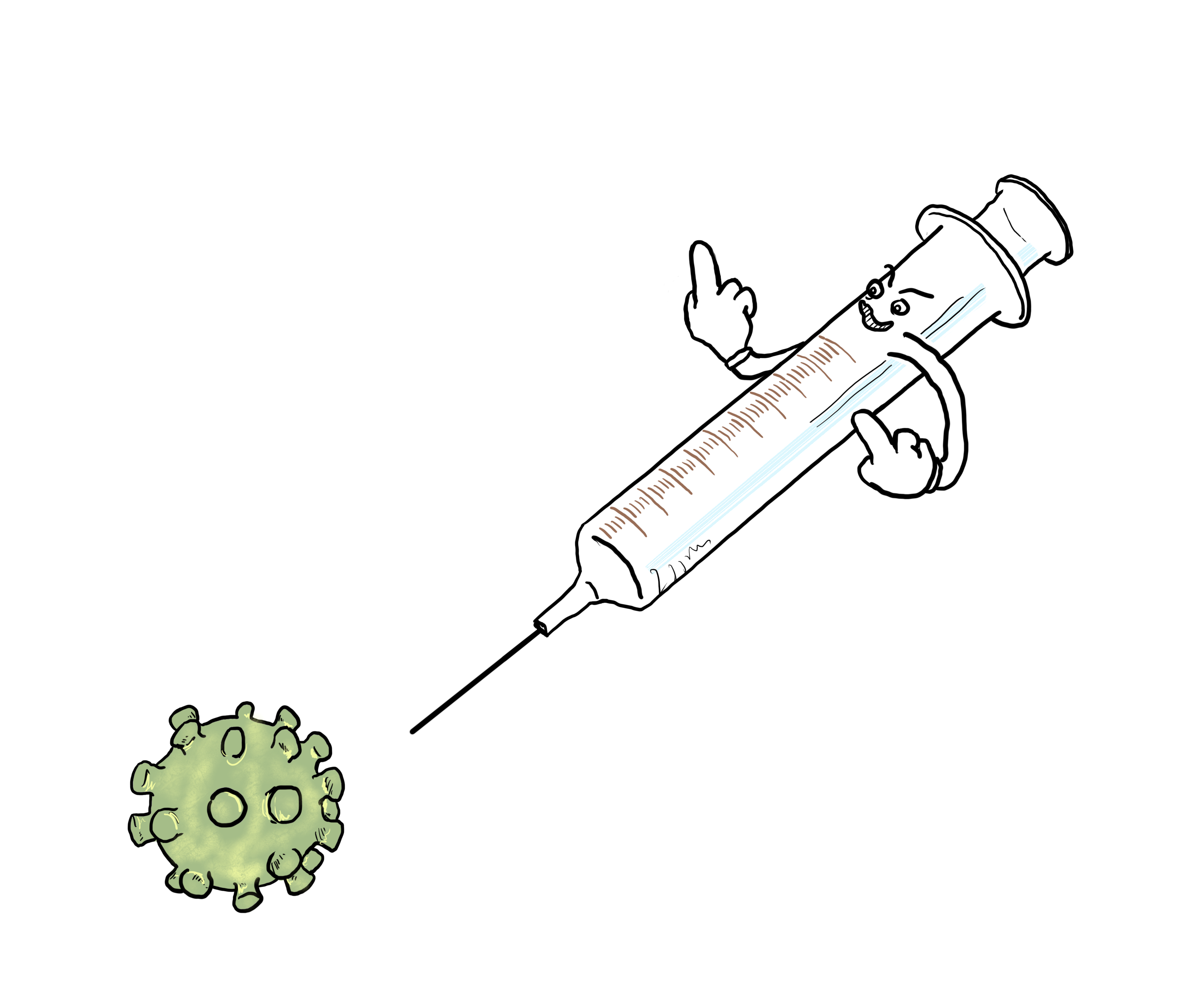A drawing of a personified evil looking syringe flipping the bird with both hands, needle pointed straight at the green virus below him.