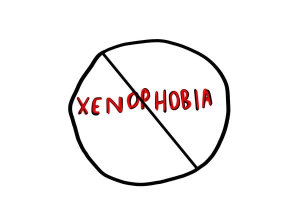 Red letters that say XENOPHOBIA with a black circle circling the word and a line through it.
