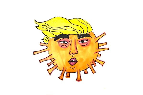 An illustration of a big orange virus particle with an Asian Donald Trump's face and wild hair are the virus.