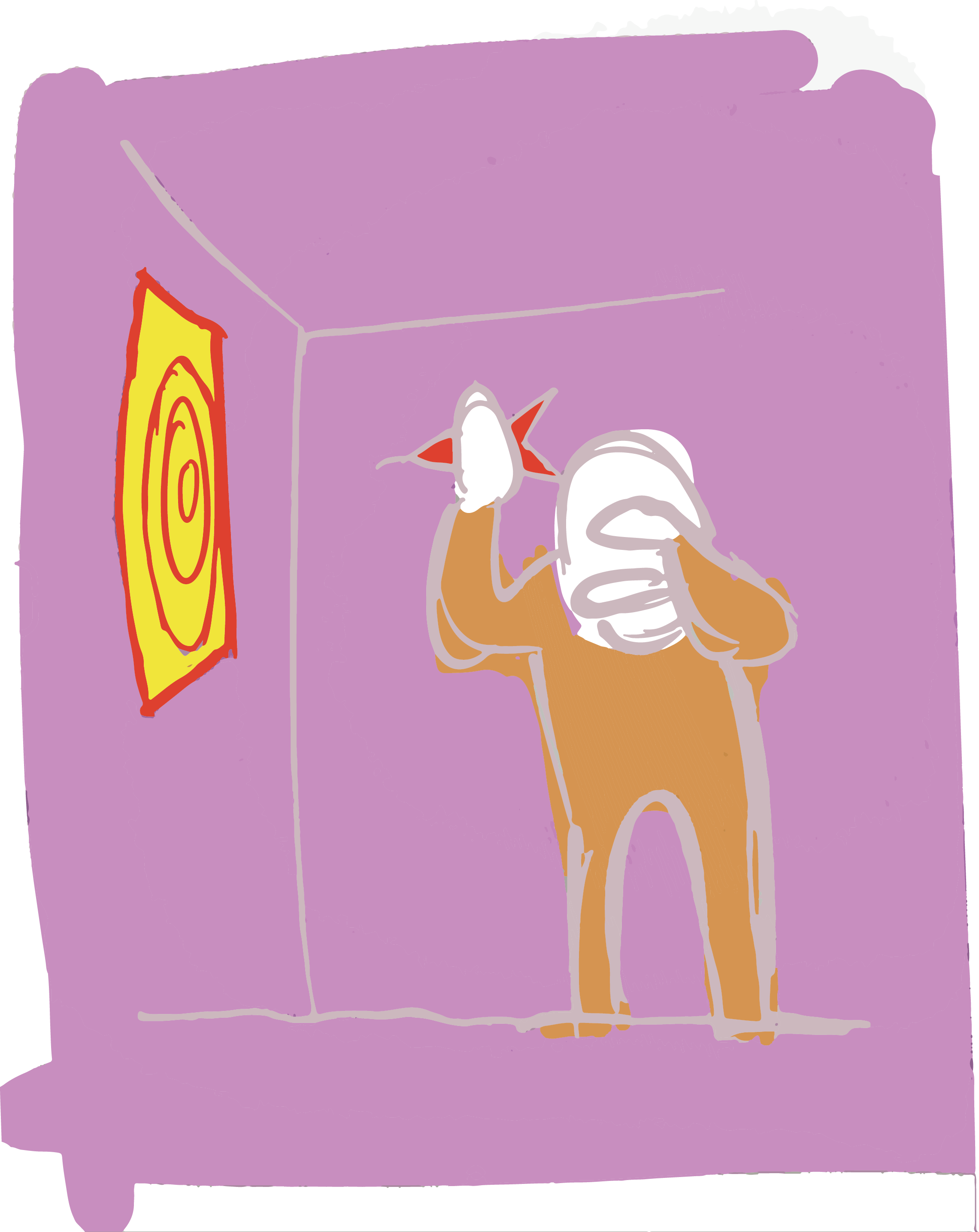 Digital illustration, purple background, someone playing darts with their hand over their eyes.