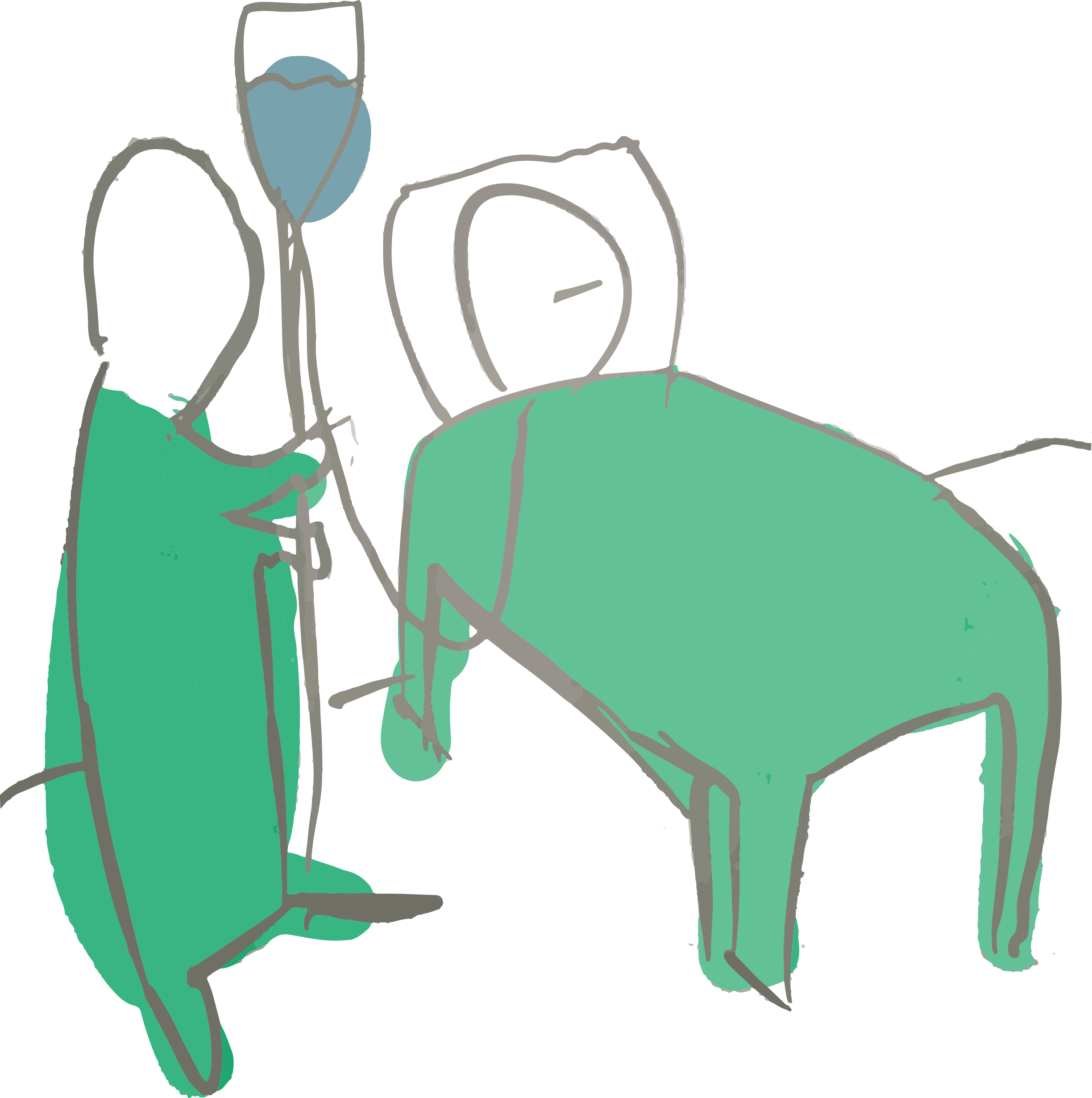 Digital illustration, white back ground, someone lying in a hospital bed with a nurse next to their bedside.