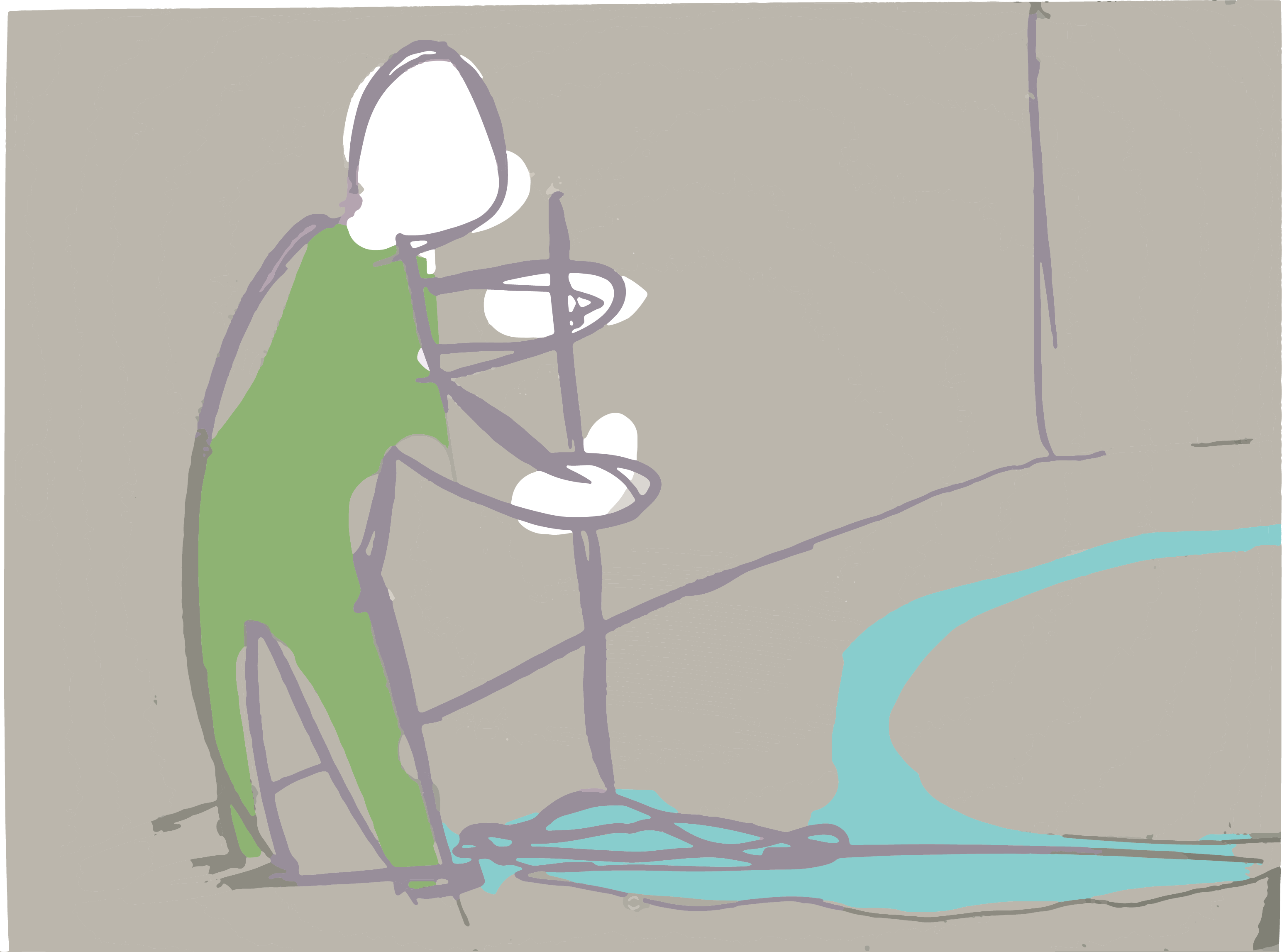 Digital illustration, gray background, a person wearing a green workers jumpsuit mopping the floor.