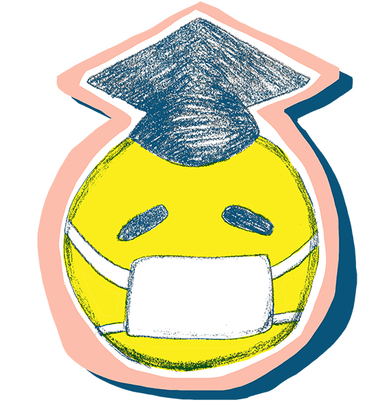 An illustration of a yellow happy (sad) face wearing both a medical mask and a graduation cap.