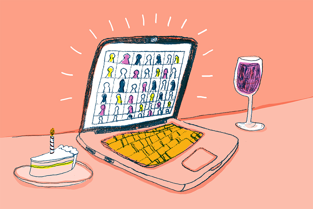 Illustration of an open laptop full of graduating seniors. On each side of the laptop is a glass of wine and a piece of celebratory cake.