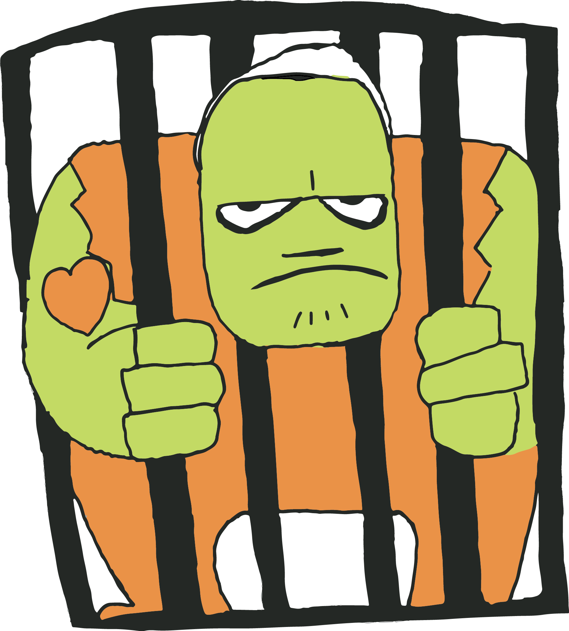 Mean looking prisoner, akin to Frankenstein's Monster, grasps the jail bars, dressed in orange.