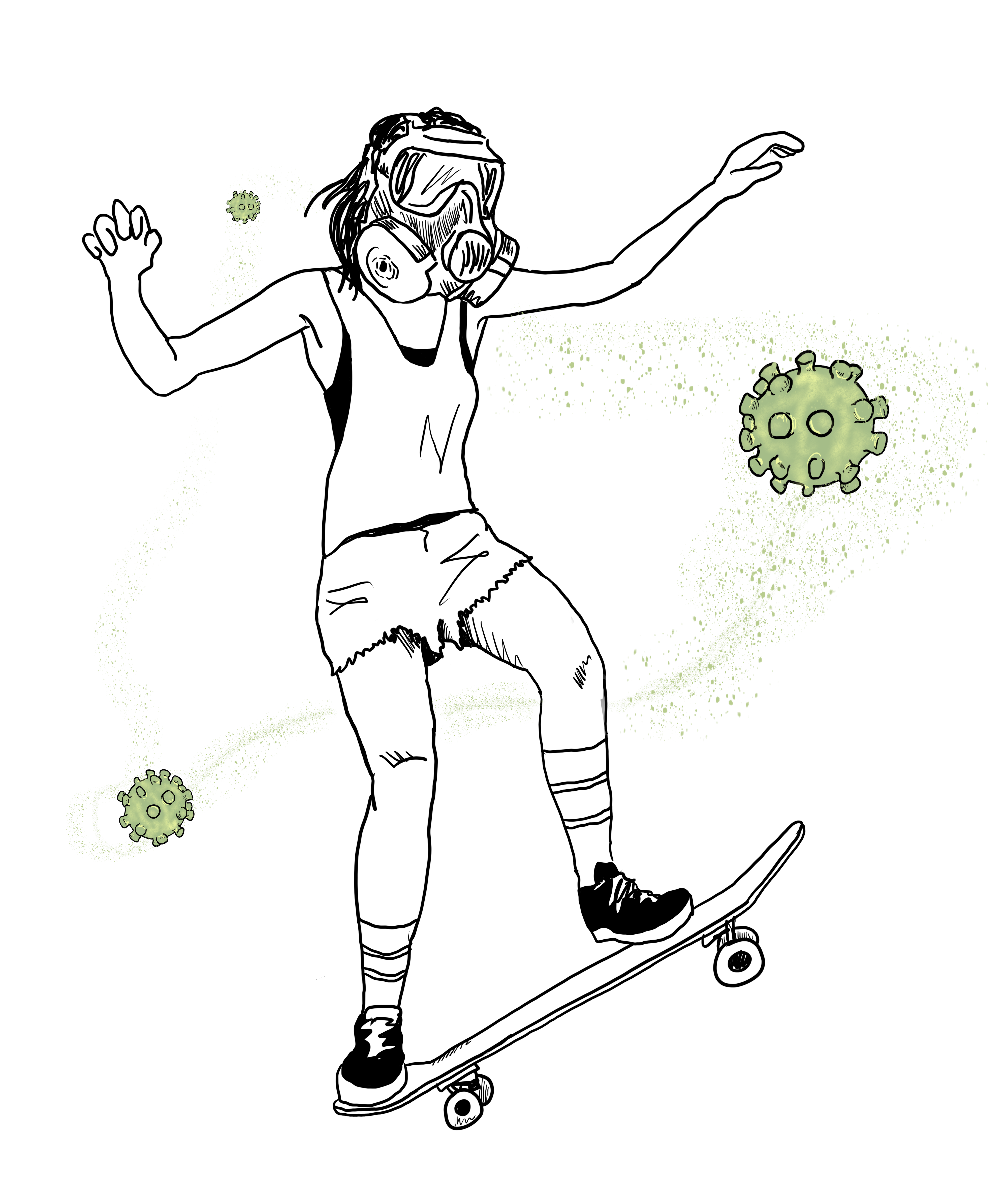 illustration of a female skateboarder ollie-ing through green virus molecules on her skateboard (while wearing a gas mask of course).