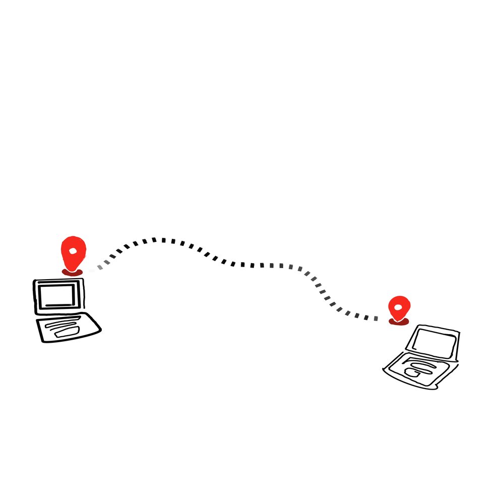 Illustration of two laptop computers connected by a route (dotted line) between them.