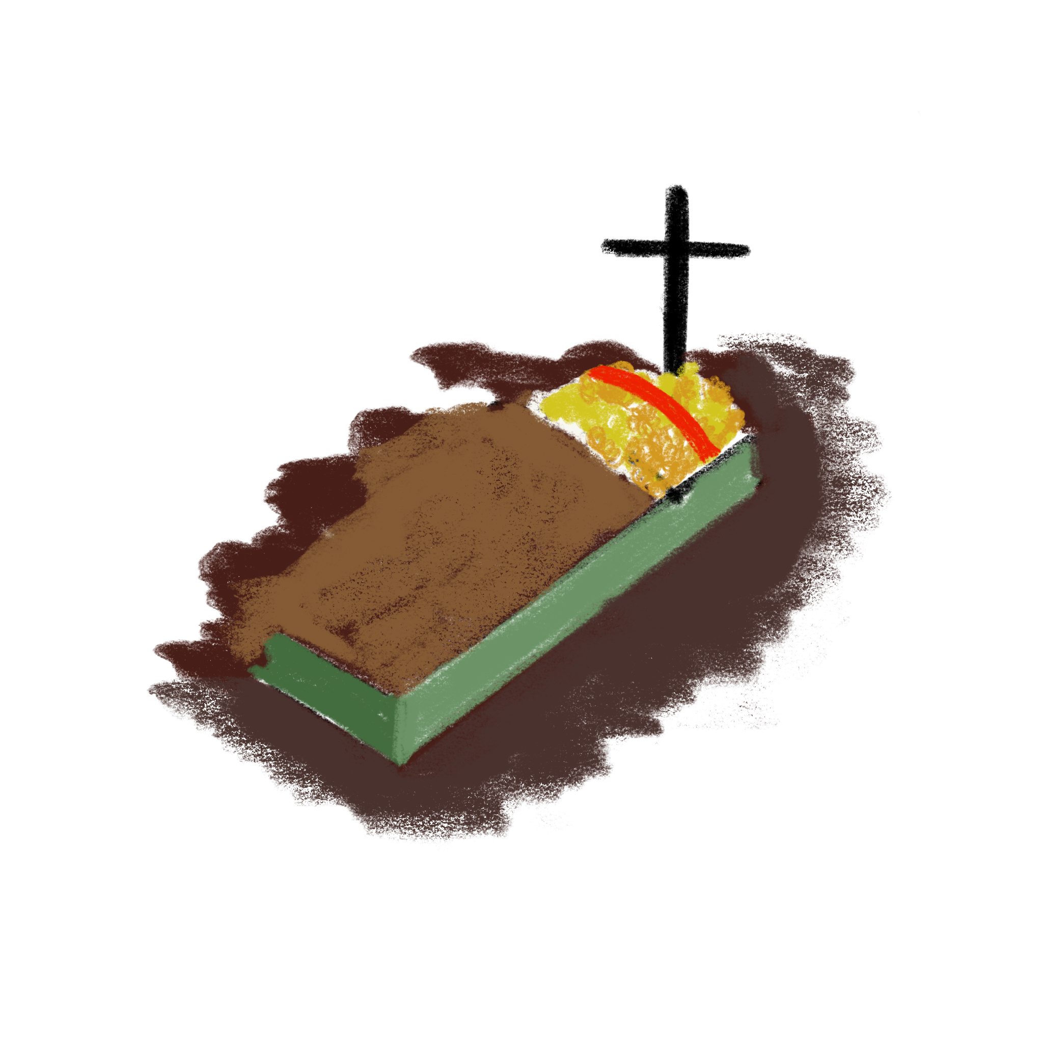 digital illustration of a shallow grave with a cross sitting above the coffin.