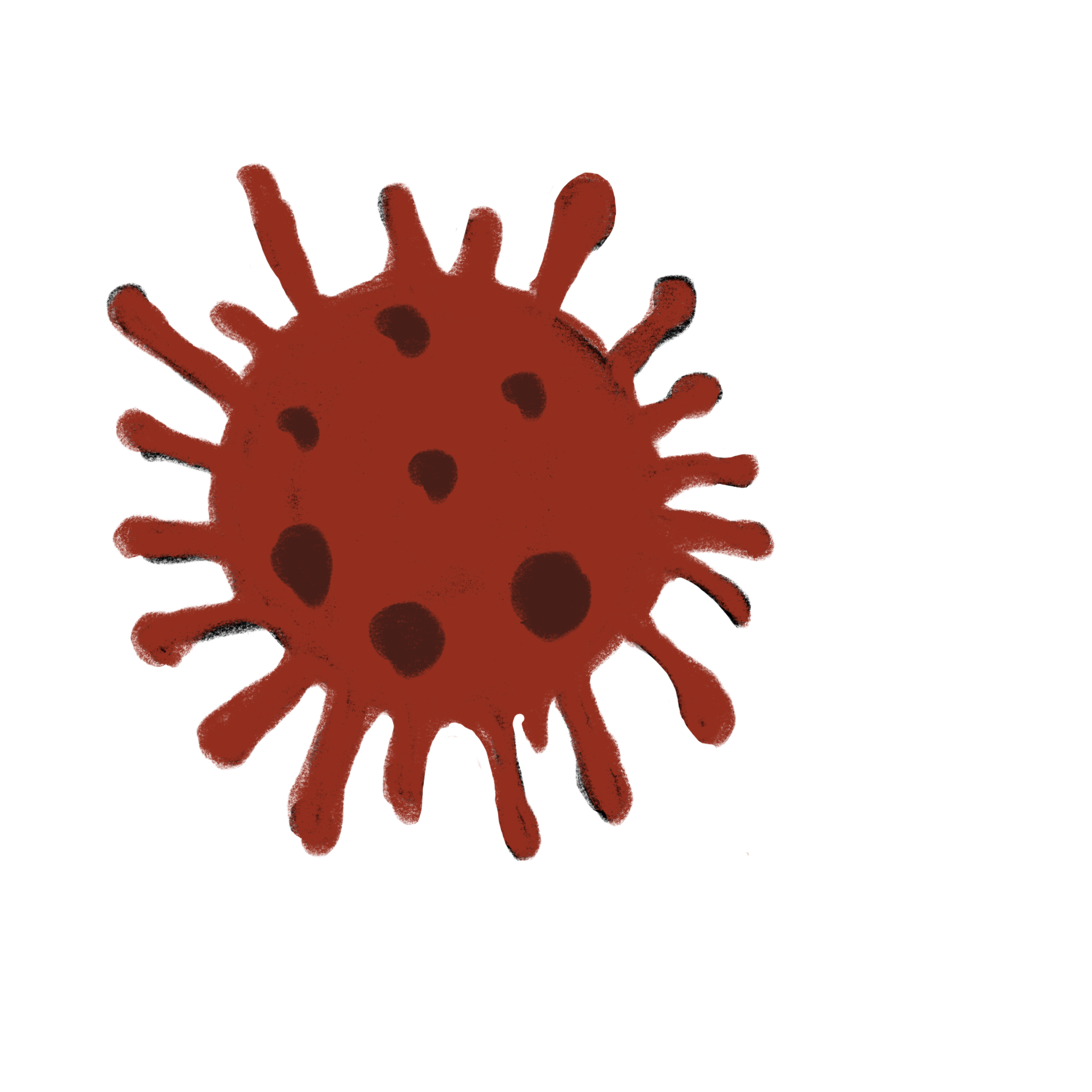 digital illustration of a red virus molecule with spikes protruding.
